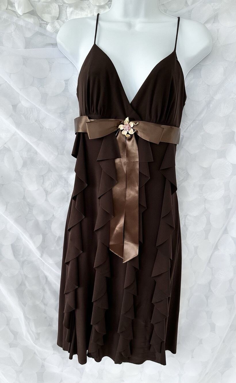 VTG Y2K Cache Dress 8 Brown Bow Fairy Ruffled Slinky Floral Pin Party SMALL